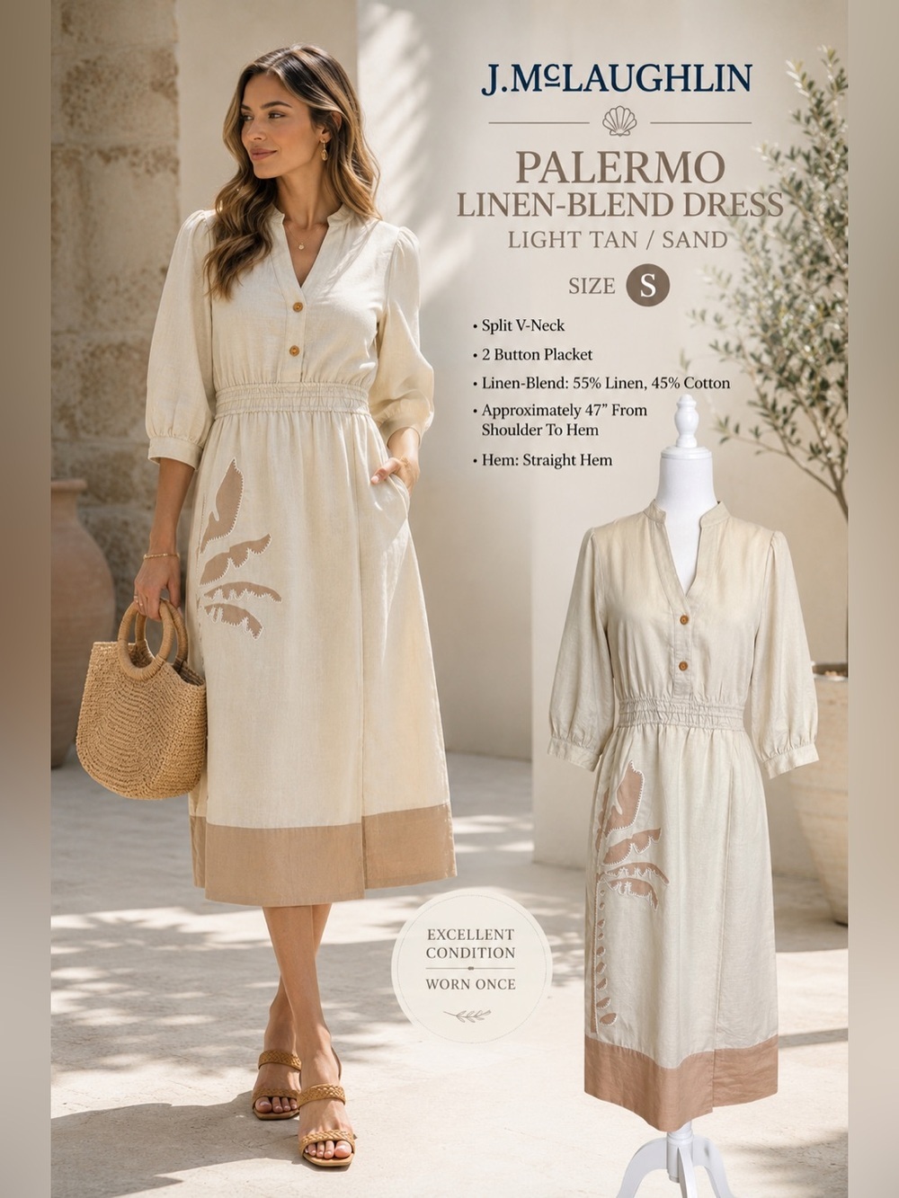 J.McLaughlin Palermo Linen Blend Midi Dress S Sand Neutral Coastal Resort Chic